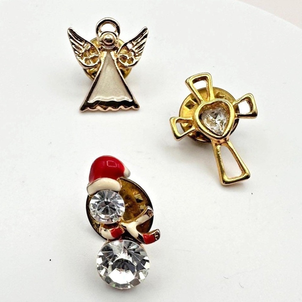 Vintage Y2K Gold Tone Christmas Angel Cross Snowman Lapel Pins Lot Jewelry Boho